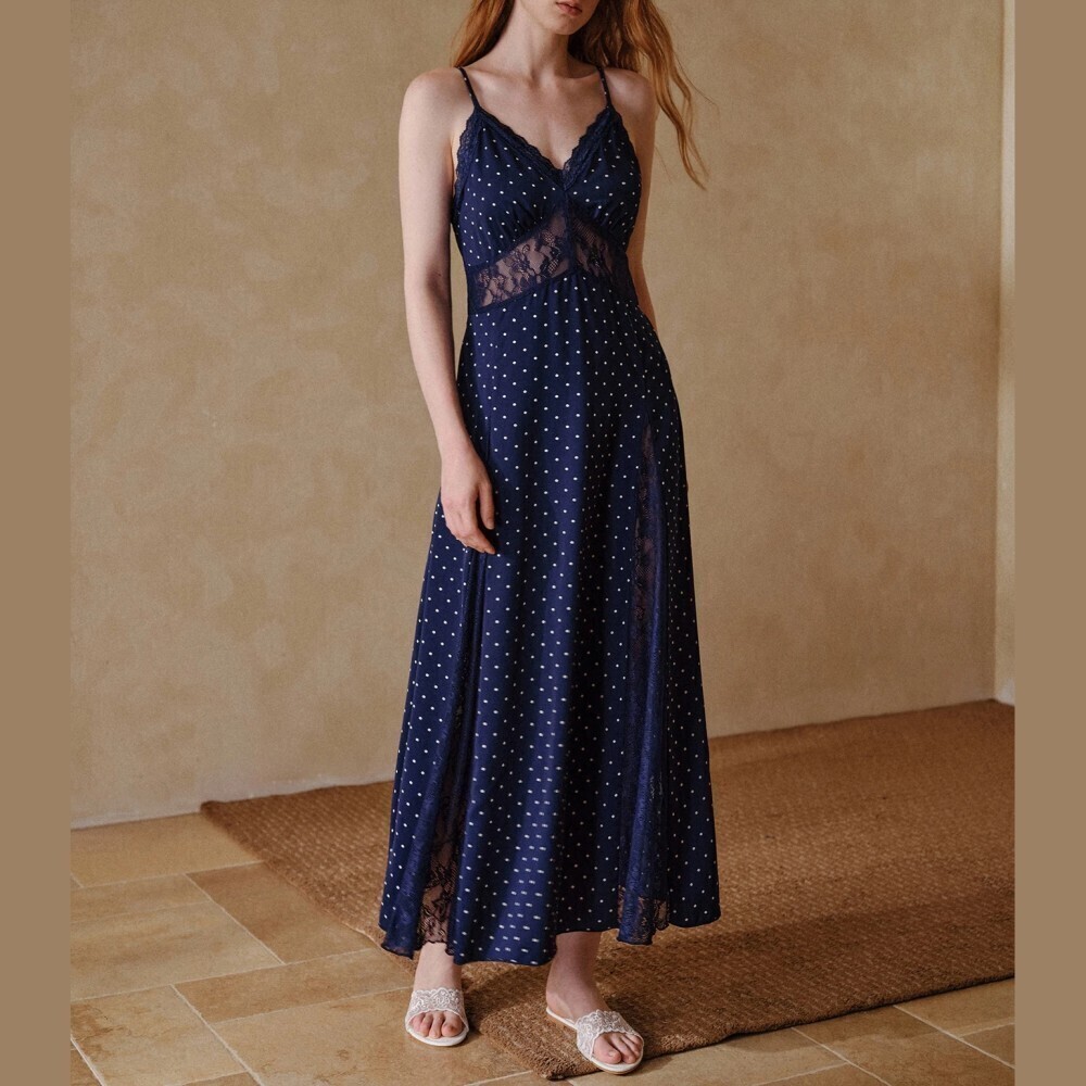 Navy Polka Dot Sheer Lace Inset Spaghetti Strap Maxi Slip Dress